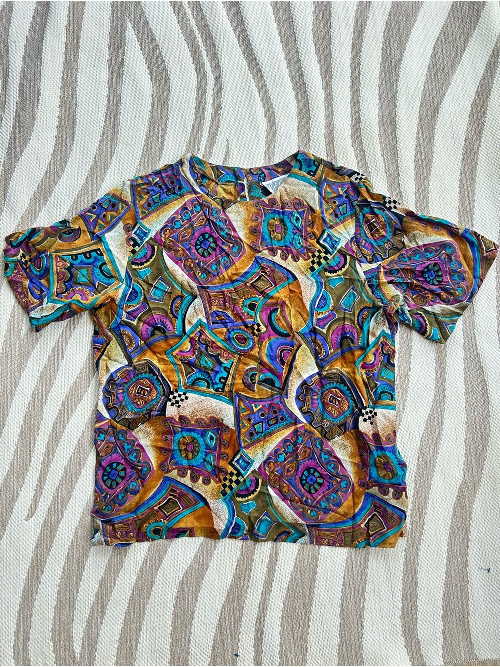 Vintage 100% silk Vibrant Multicolor Geometric Print Top
